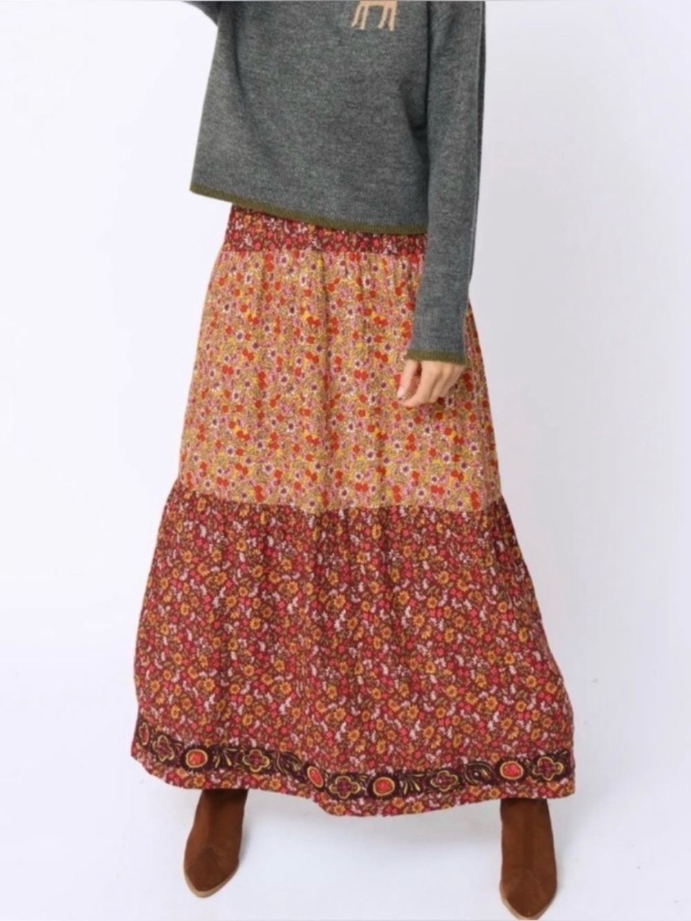 Natural Life Floral Embroidered Boho Maxi Skirt Perfect For Fall!